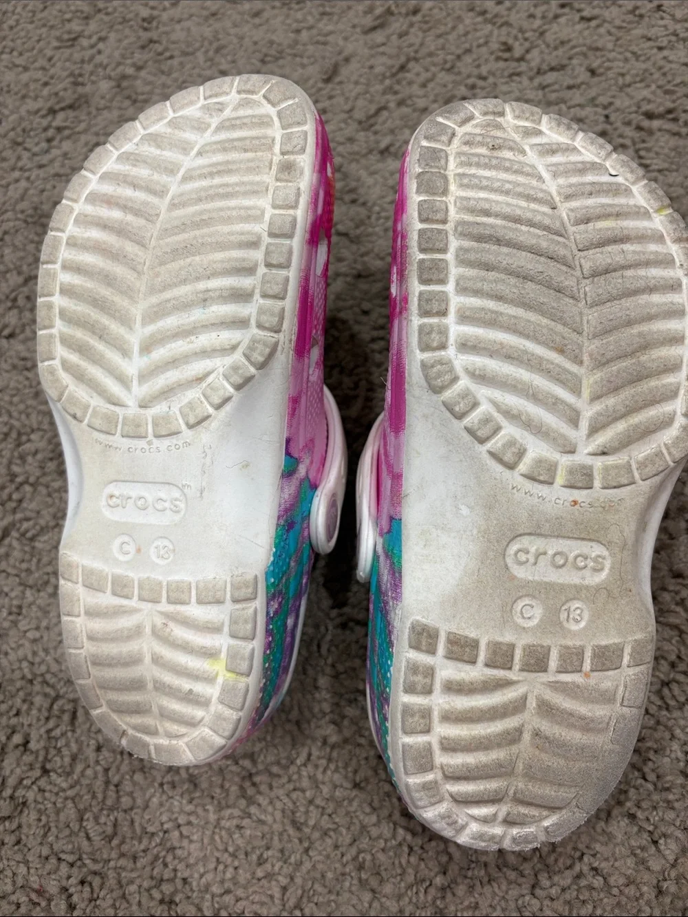 CROCS Kids Rainbow Tie-Dye Clogs with Minnie Charm - Pink, Yellow, Green, Blue